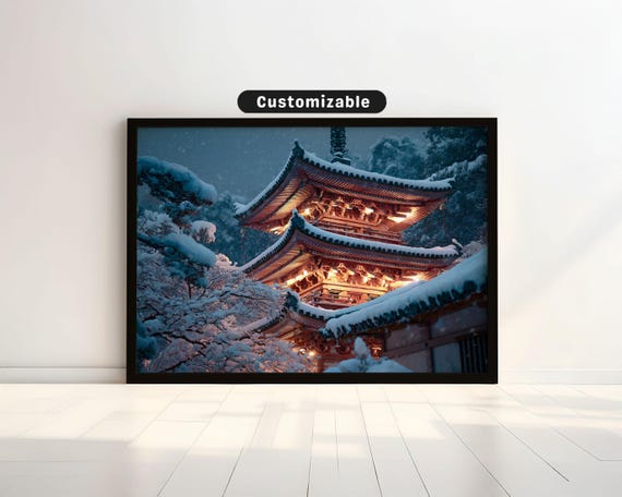Snowy Pagoda Roof With Glowing Lights In Peaceful Winter Evening Japanese Wall Art Print Zen Asian Decor