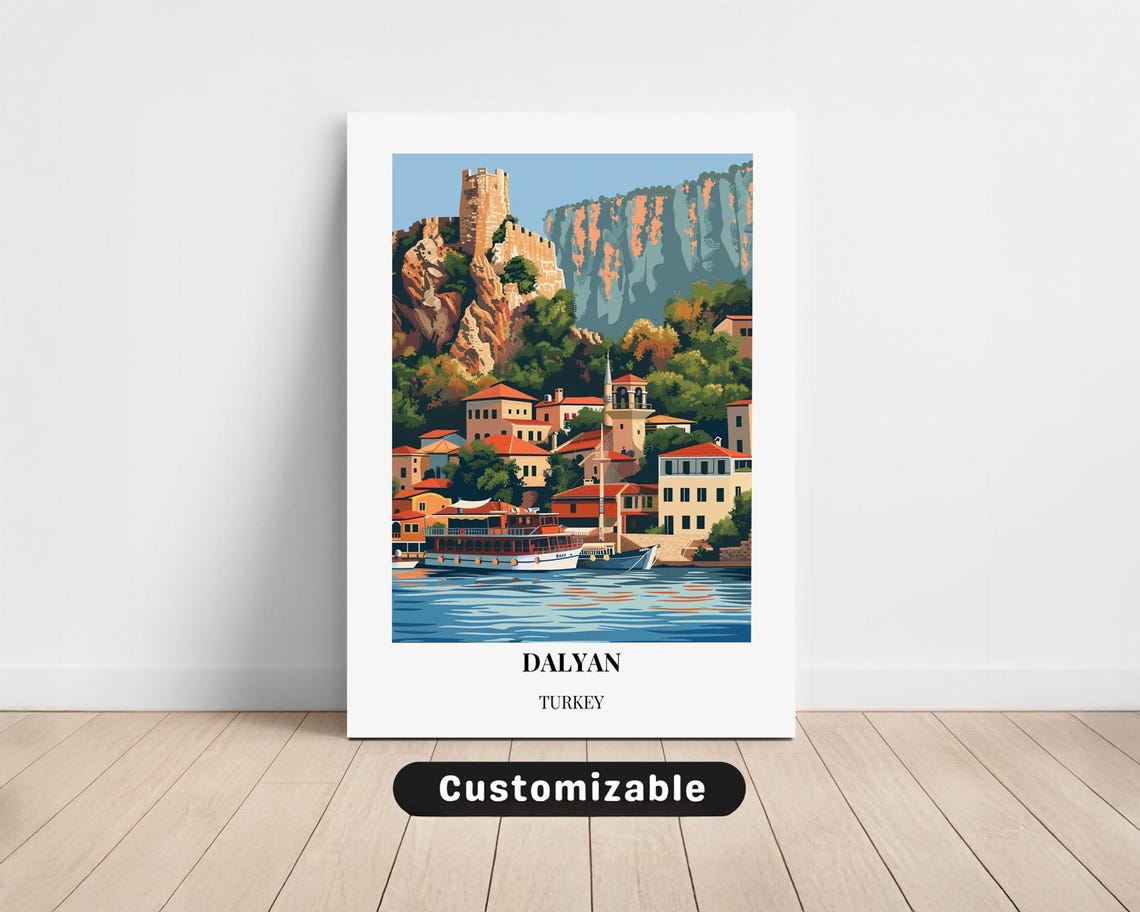 Dalyan Turkey Rock Castle Riverside Town Vintage Travel Poster