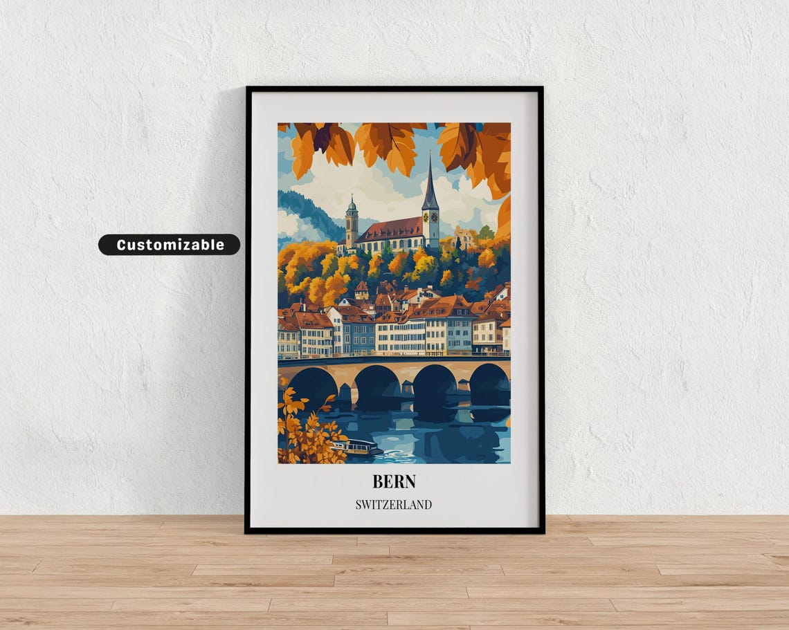 Bern Switzerland Autumn River Cathedral Vintage Travel Poster