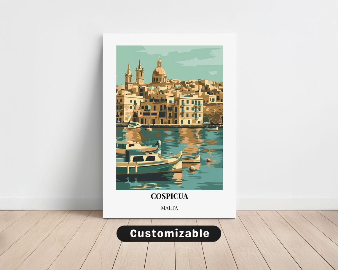 Cospicua Malta Waterfront Luzzu Boats Harbor View Travel Poster