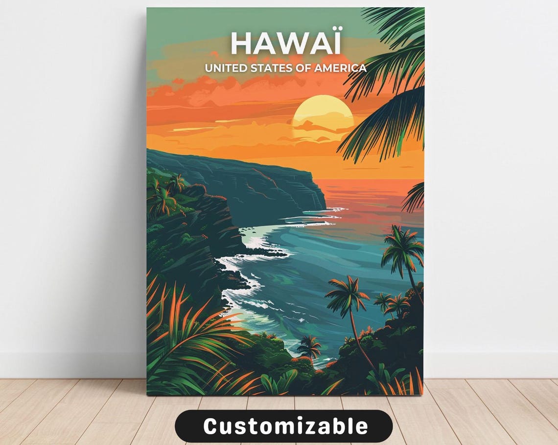 Hawaii Sunset Over Coastal Cliffs Palm Trees Retro Travel Poster