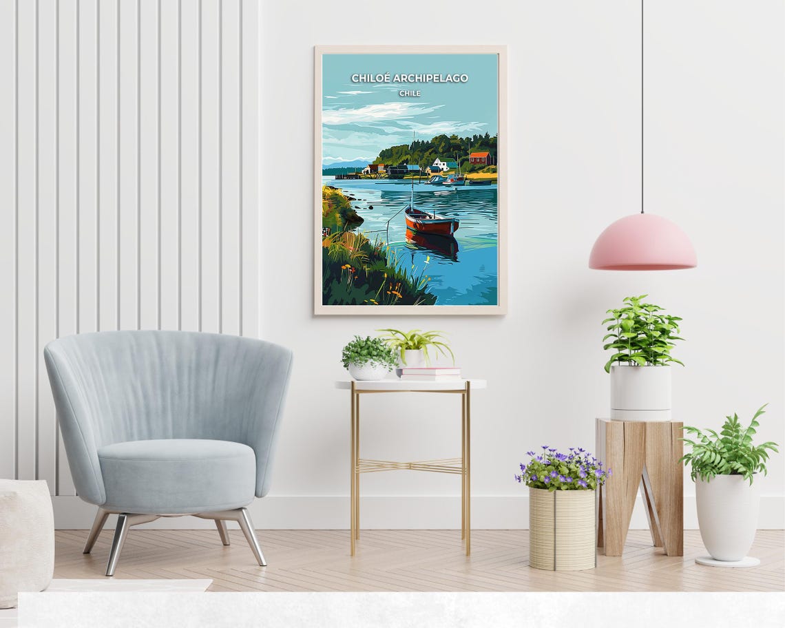 Chiloé Archipelago Chile Red Fishing Boat Harbor Scene Poster - Image 2