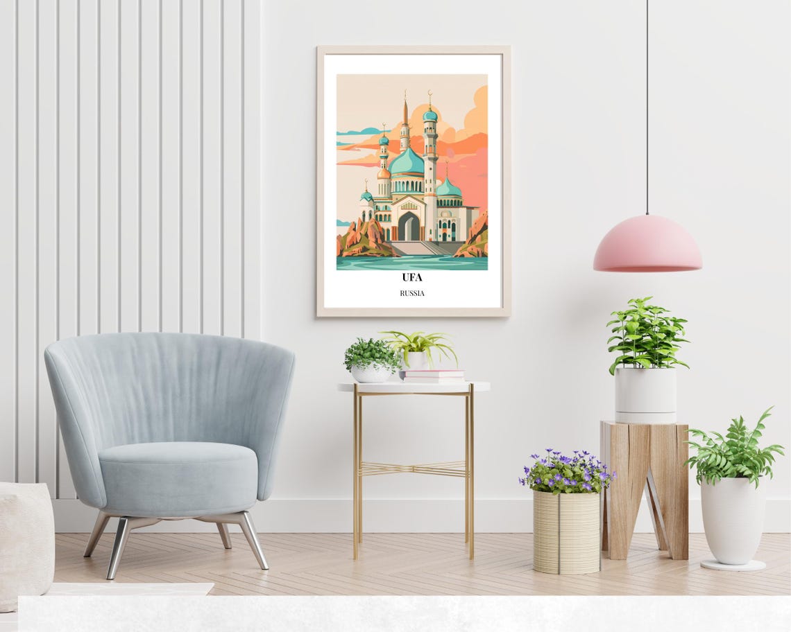 Ufa Russia Turquoise Domed Mosque Riverside Sunset Scenic Poster - Image 2