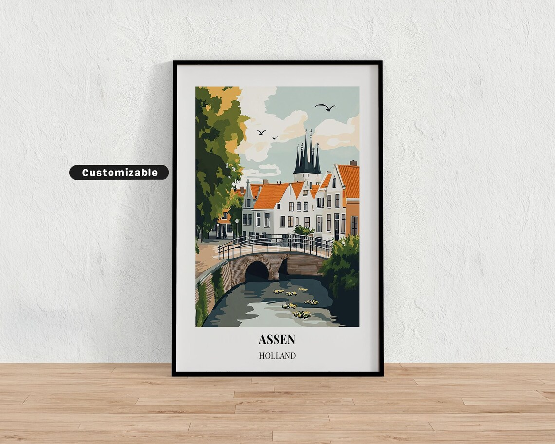 Assen Holland Bridge Canal White Border Travel Poster Vintage