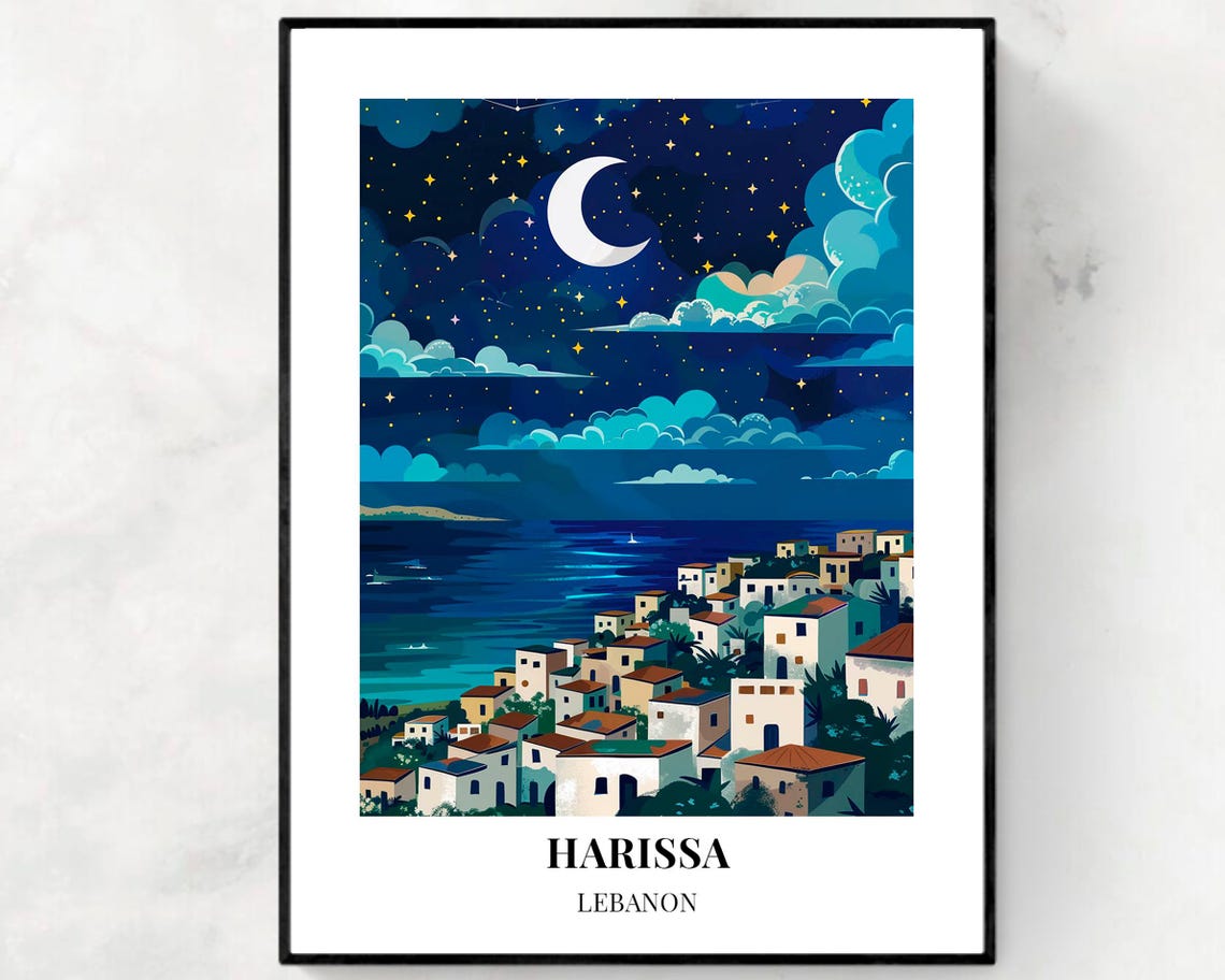 Harissa Lebanon Moonlit Coast Town Starry Night Travel Poster