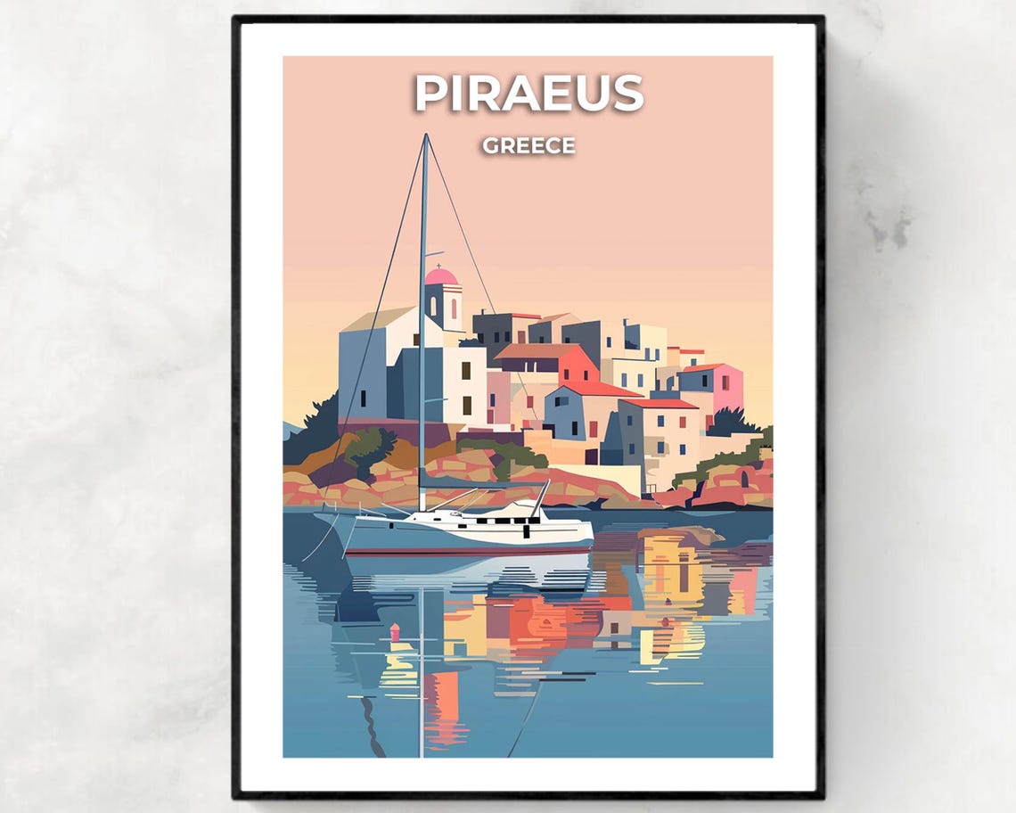 Piraeus Greece Sunset Harbor Poster with Sailboat and Waterfront