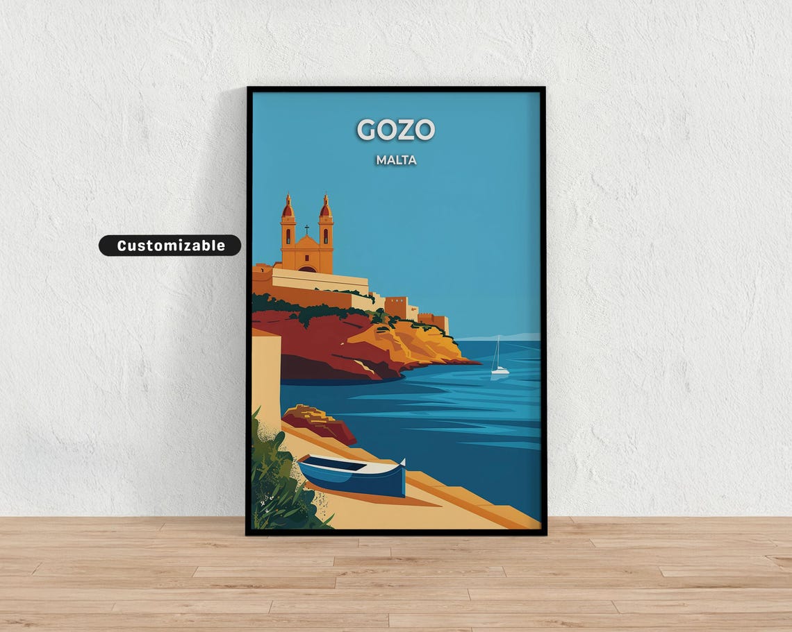 Gozo Malta Travel Poster Cliffside Church and Harbor Sailboat