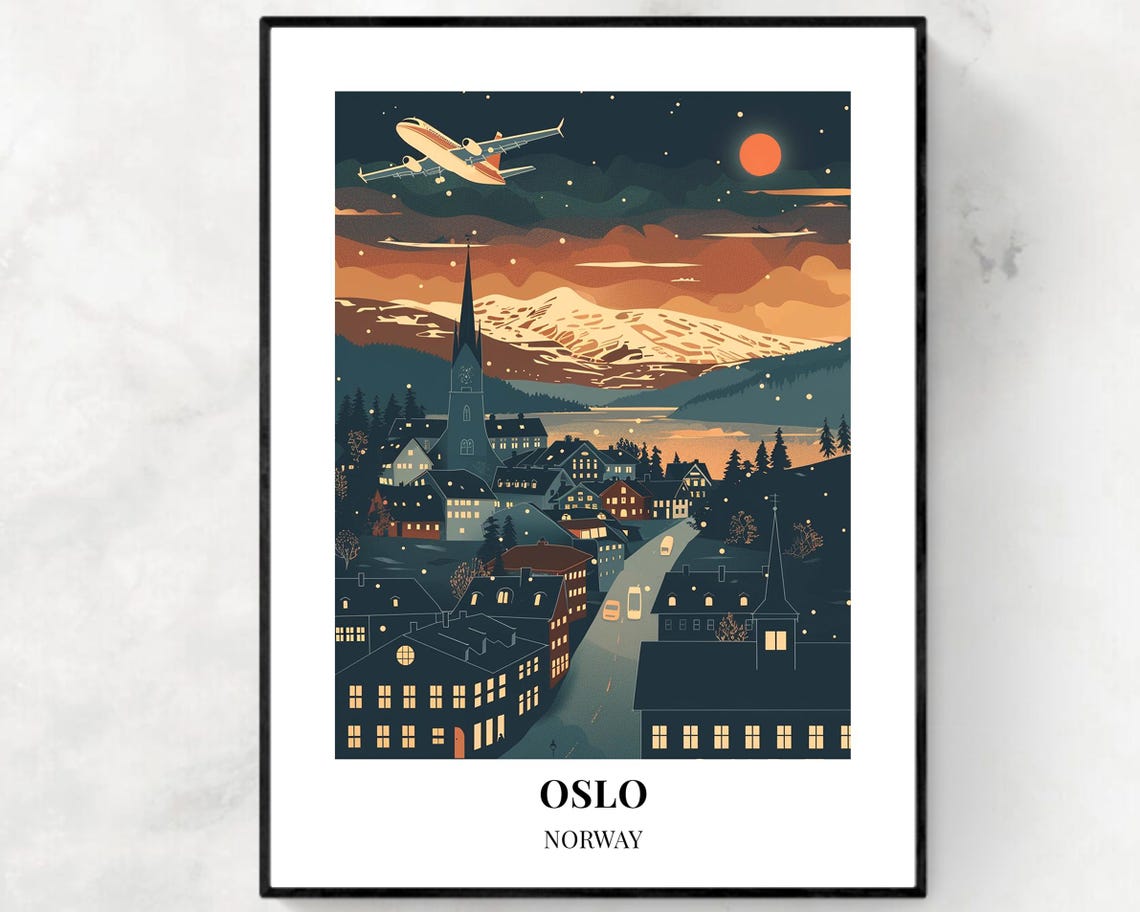 Oslo Norway Glowing Night Skyline With Airplane Travel Poster