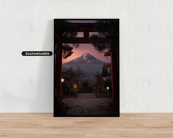 Mount Fuji Seen Through Temple Arch At Dusk Japanese Wall Art Print Zen Asian Decor