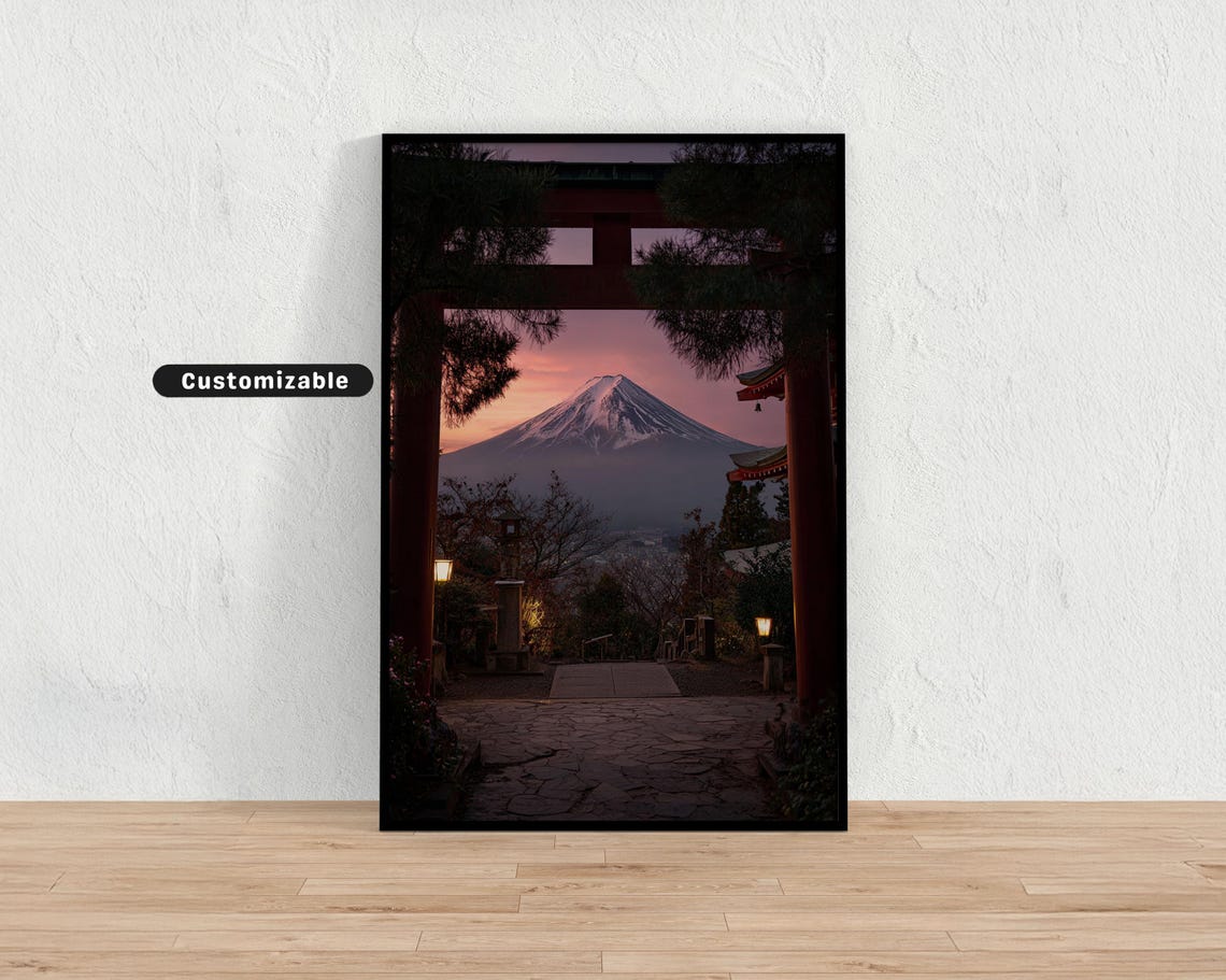 Mount Fuji Temple Gate Poster Japan Dusk Mountain Shrine View Art