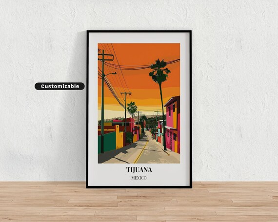Tijuana Mexico Border Wall Welcome Sign Sunset Vintage Travel Poster
