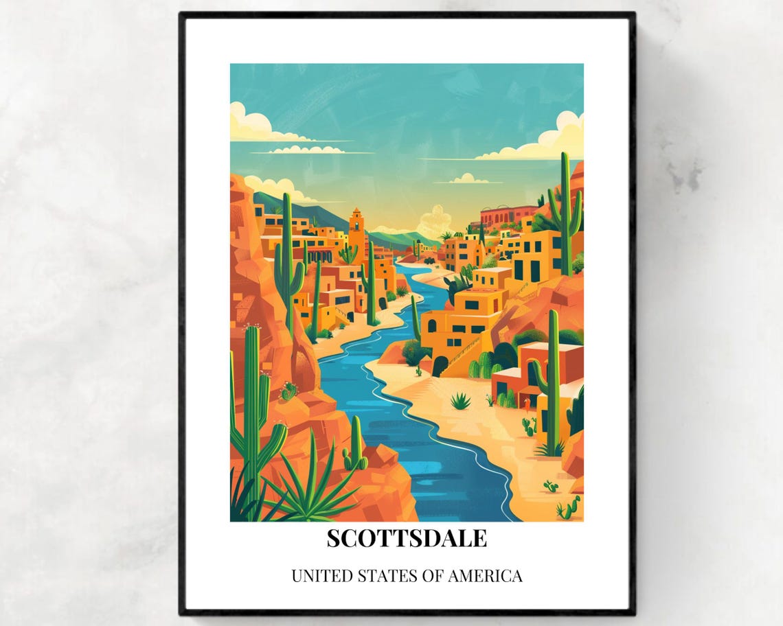 Scottsdale Arizona Desert River Saguaro Cactus Vintage Travel Poster