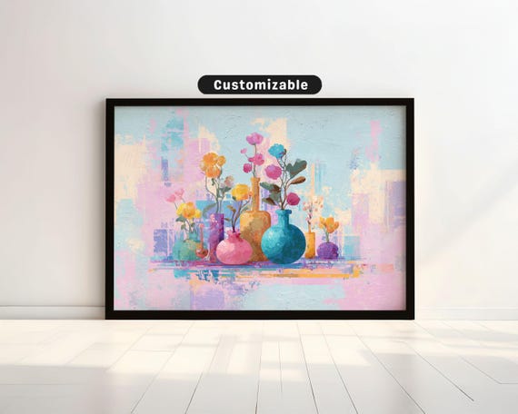 Floating Vases And Flowers On Pastel Abstract Background Bold Wall Art Mediterranean Botanical Decor