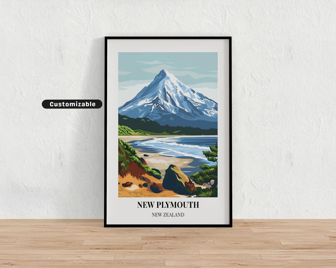 New Plymouth New Zealand Coast Poster Volcano Beach Ocean Scene