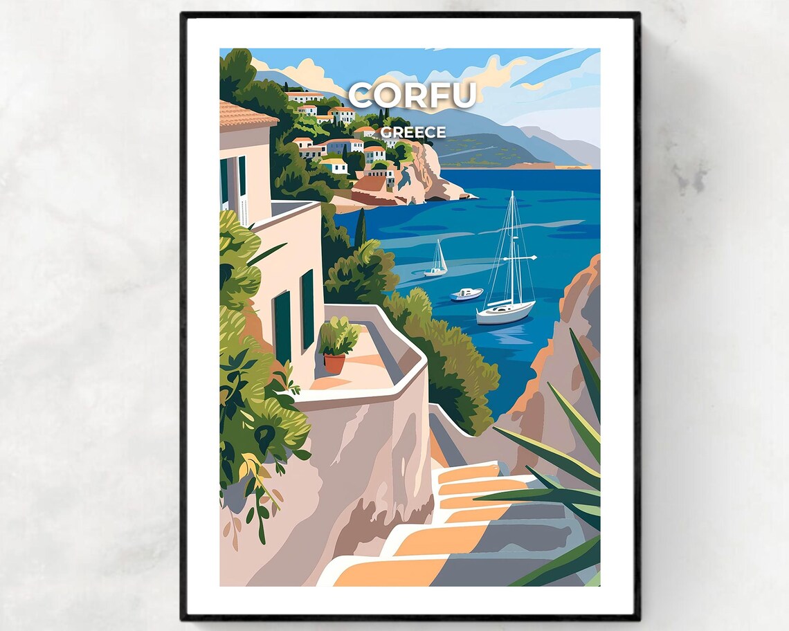 Corfu Greece Seaside Village Sailboats Ionian Coast Travel Poster