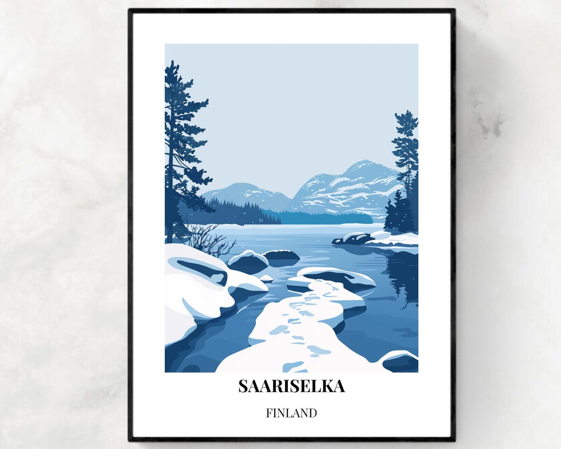 Saariselka Finland Snowy Winter Lake Footprints Travel Poster