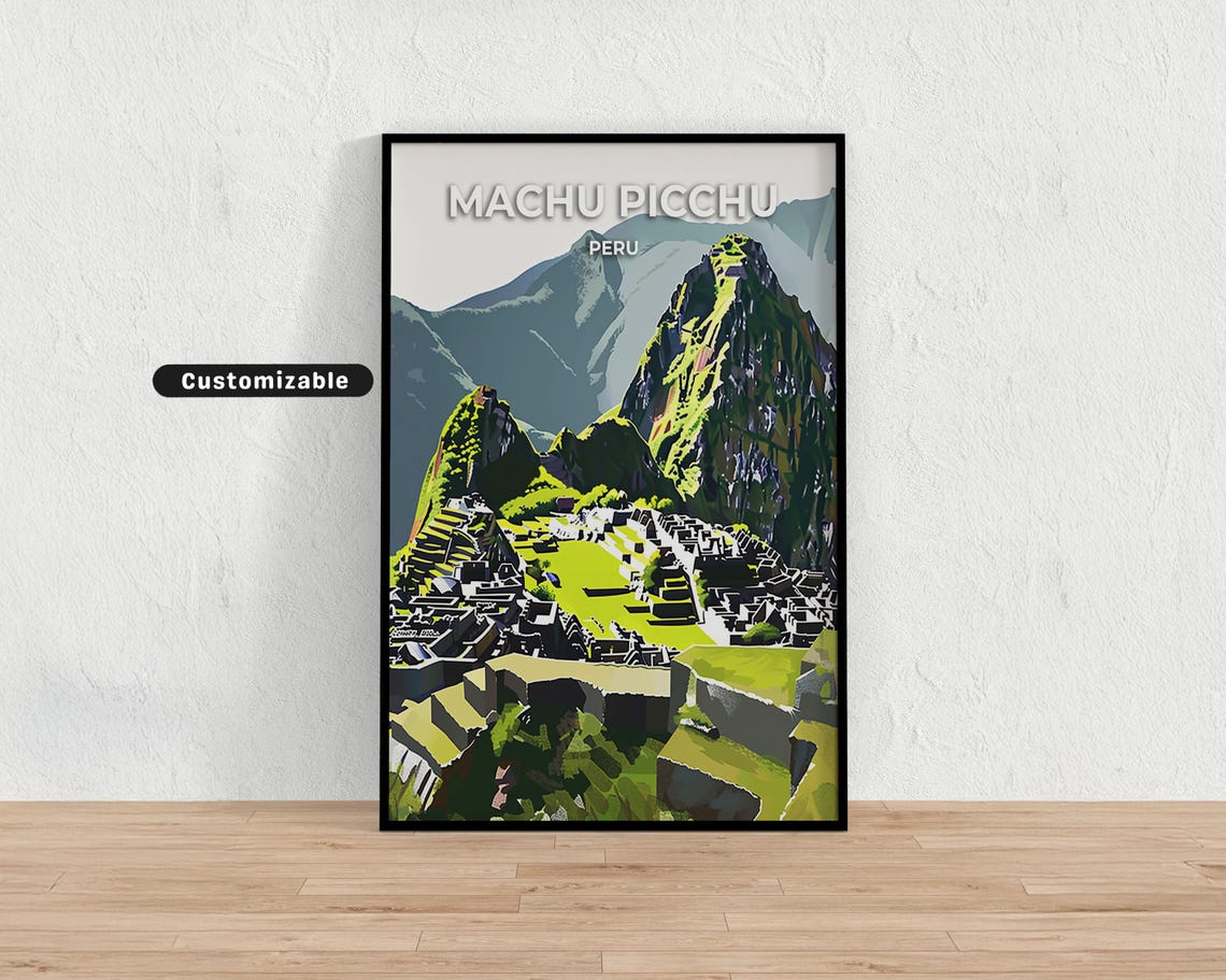 Machu Picchu Peru Green Peaks Minimal Illustrated Travel Poster