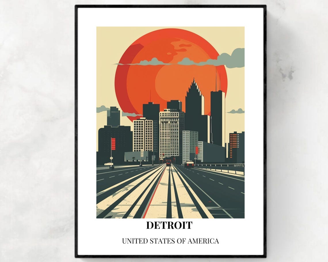 Detroit Red Sun Downtown Skyline Poster Bottom Caption Edition