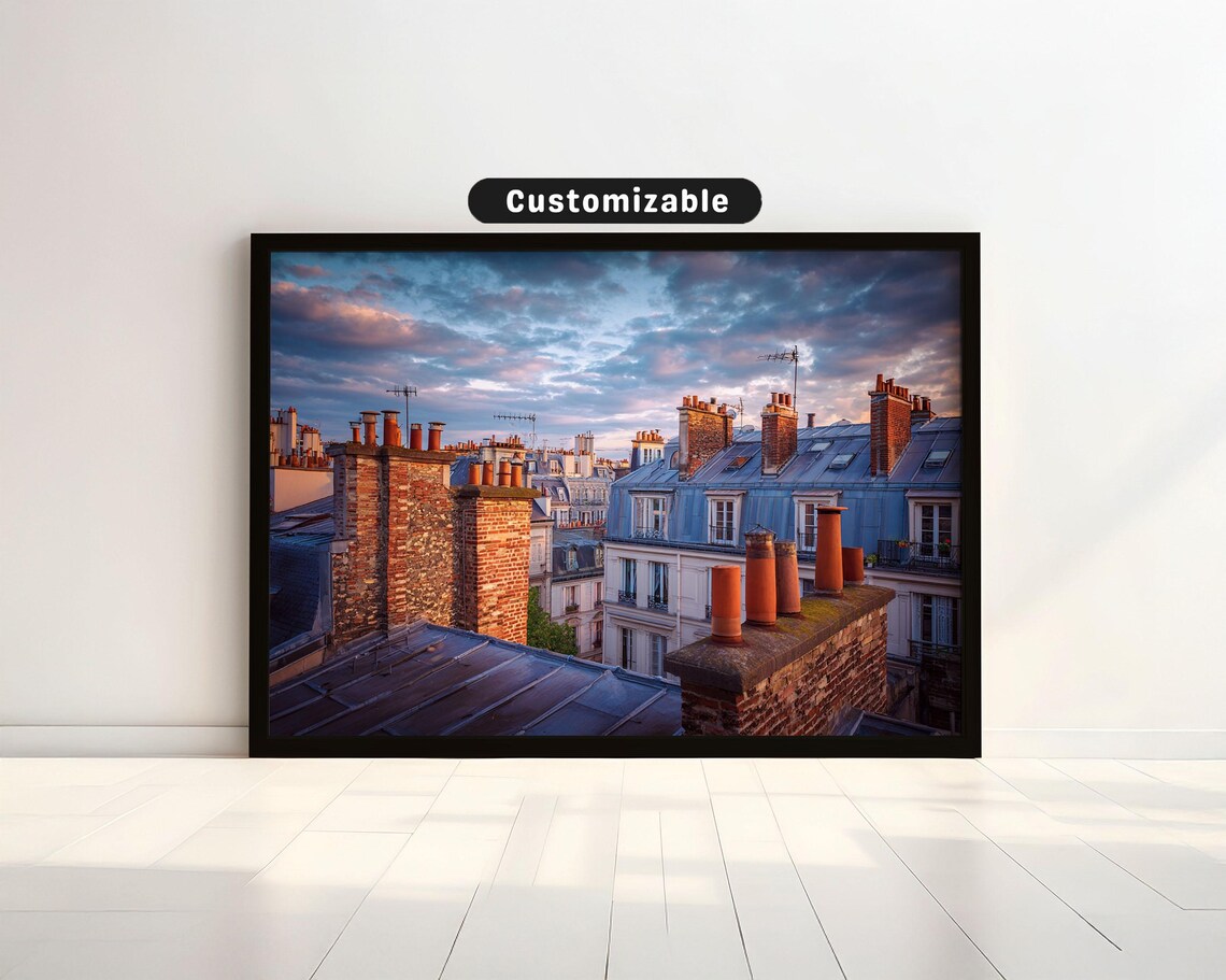 Paris Rooftop Chimneys Sunset Golden Travel Cityscape Photo Poster