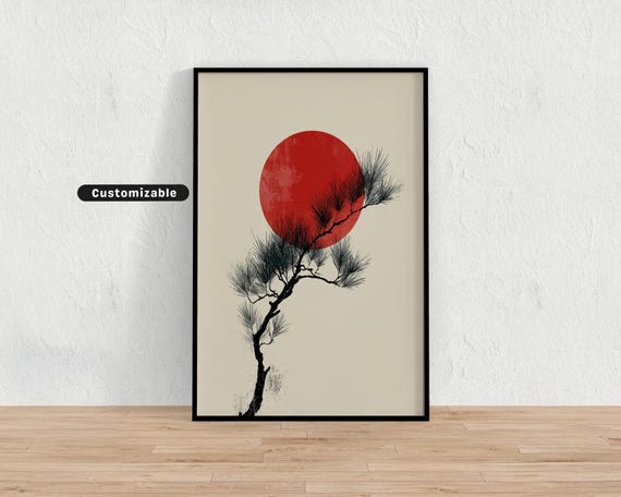 Minimalist Moon And Pine Branch In Japanese Style Wall Art Print Zen Asian Decor