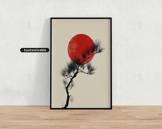 Red Sun Behind Pine Branch Minimalist Japanese Style Wall Art