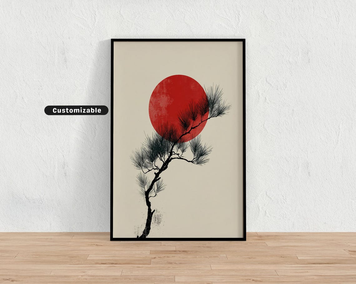 Red Sun Behind Pine Branch Minimalist Japanese Style Wall Art