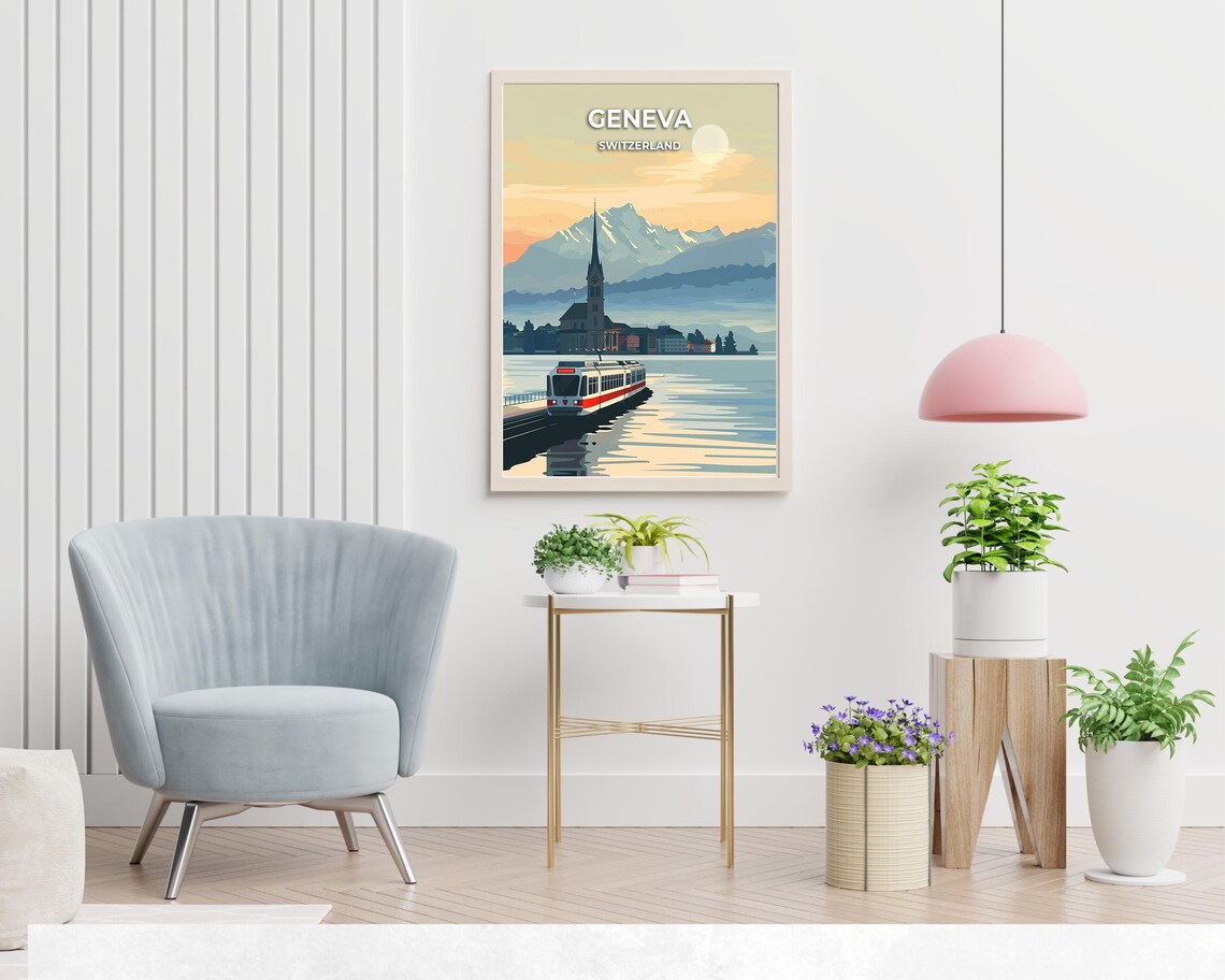 Geneva Switzerland Tram Lake Mountain Sunrise City Travel Poster - Image 2