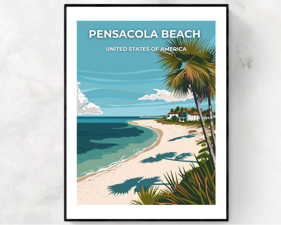 Pensacola Beach White Sand Palm Shadows Florida Travel Poster
