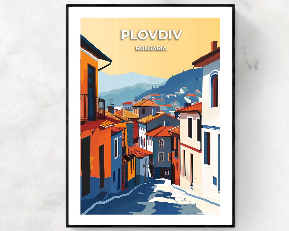 Plovdiv Bulgaria Old Town Street Vintage Travel Illustration Poster