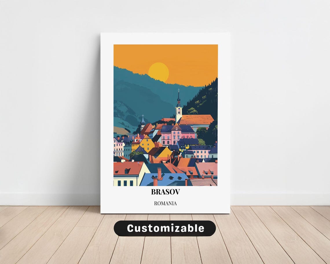 Brasov Romania Old Town Sunset Rooftops Custom Travel Art Poster