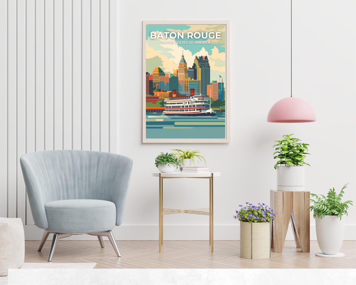 Baton Rouge Louisiana Skyline Riverboat Modern Travel Poster - Image 2