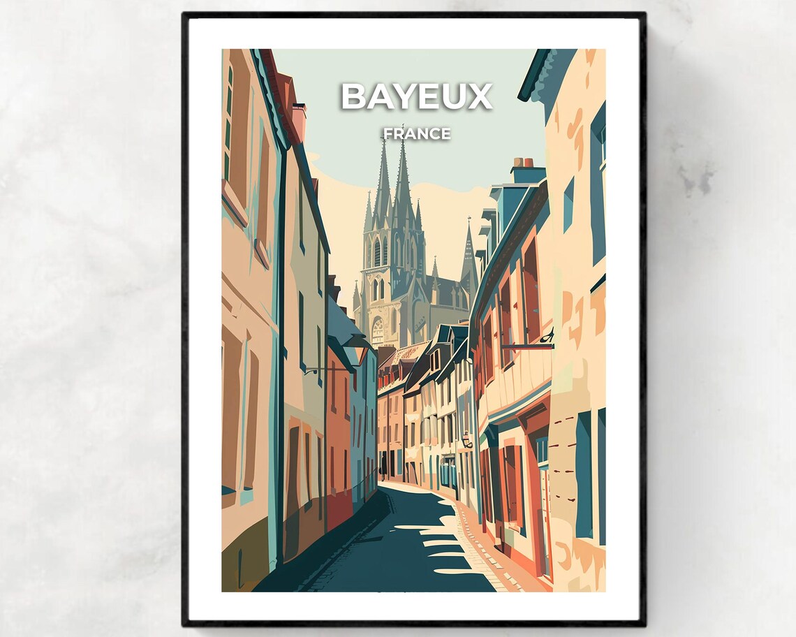 Bayeux France Cathedral Old Town Street Vintage Travel Poster