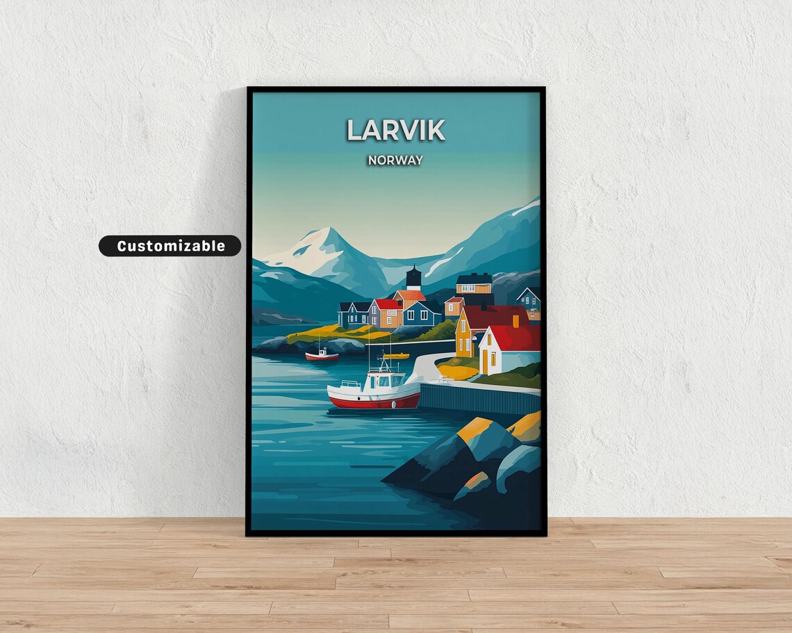 Larvik Norway Fishing Harbor Boats Rocky Fjord Coast Travel Poster