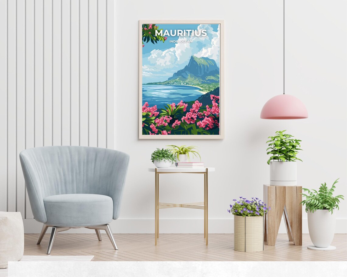 Mauritius Indian Ocean Mountain Bay Pink Flowers Travel Poster - Image 2