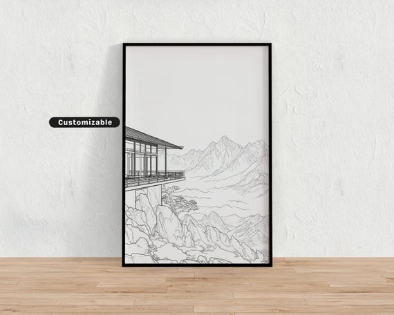 Tea House Overlooking Mountains In Minimalist Line Art Japanese Wall Print Zen Asian Decor