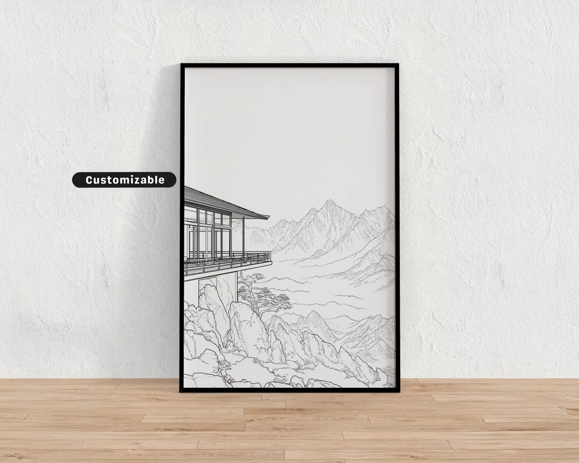 Tea House Overlooking Mountains In Minimalist Line Art Japanese Wall Print Zen Asian Decor