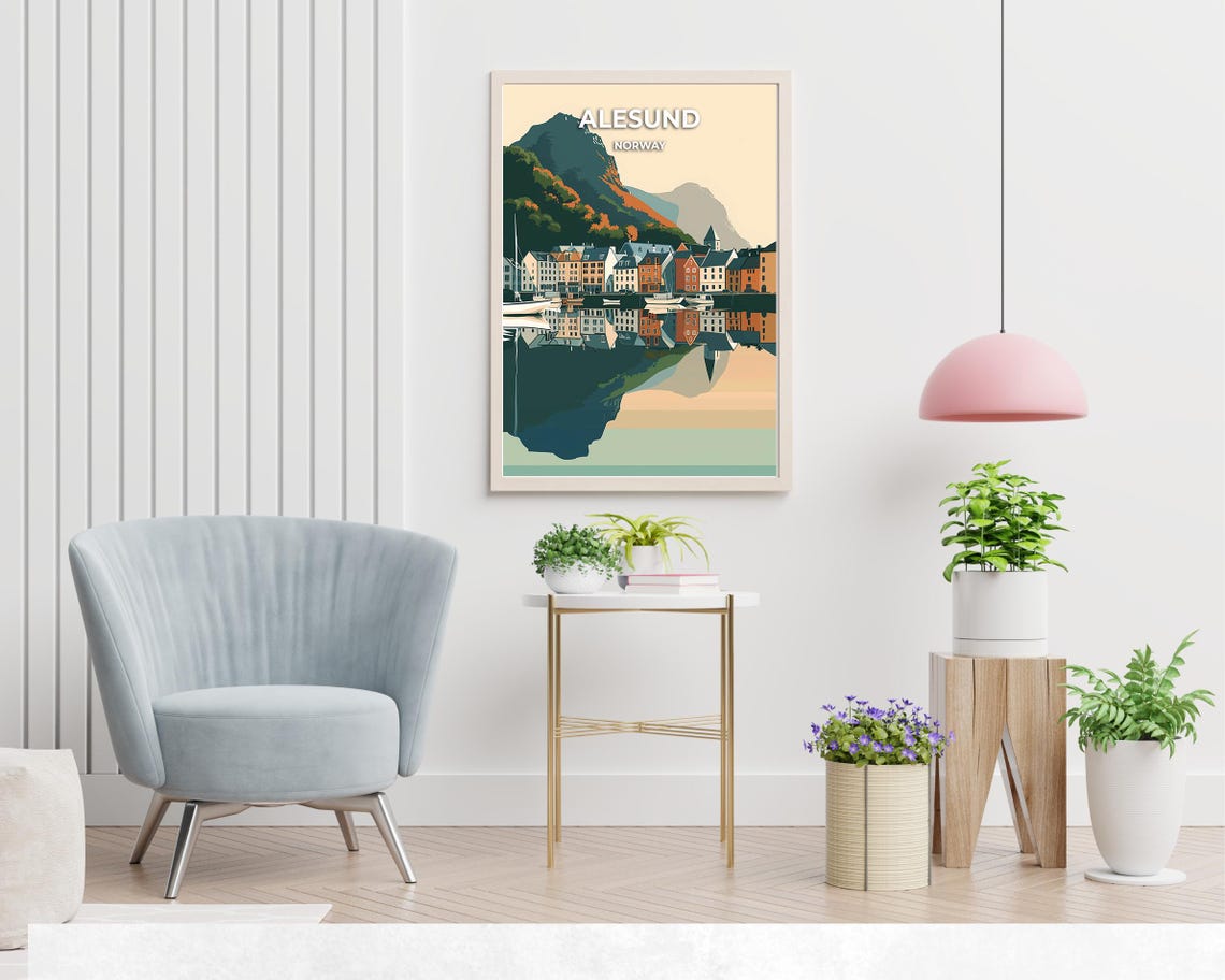 Alesund Norway Harbor Town Reflected In Calm Fjord Waters Poster - Image 2