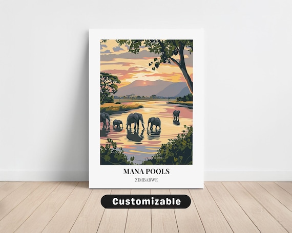 Mana Pools Zimbabwe Elephant Herd River Sunset Safari Travel Poster