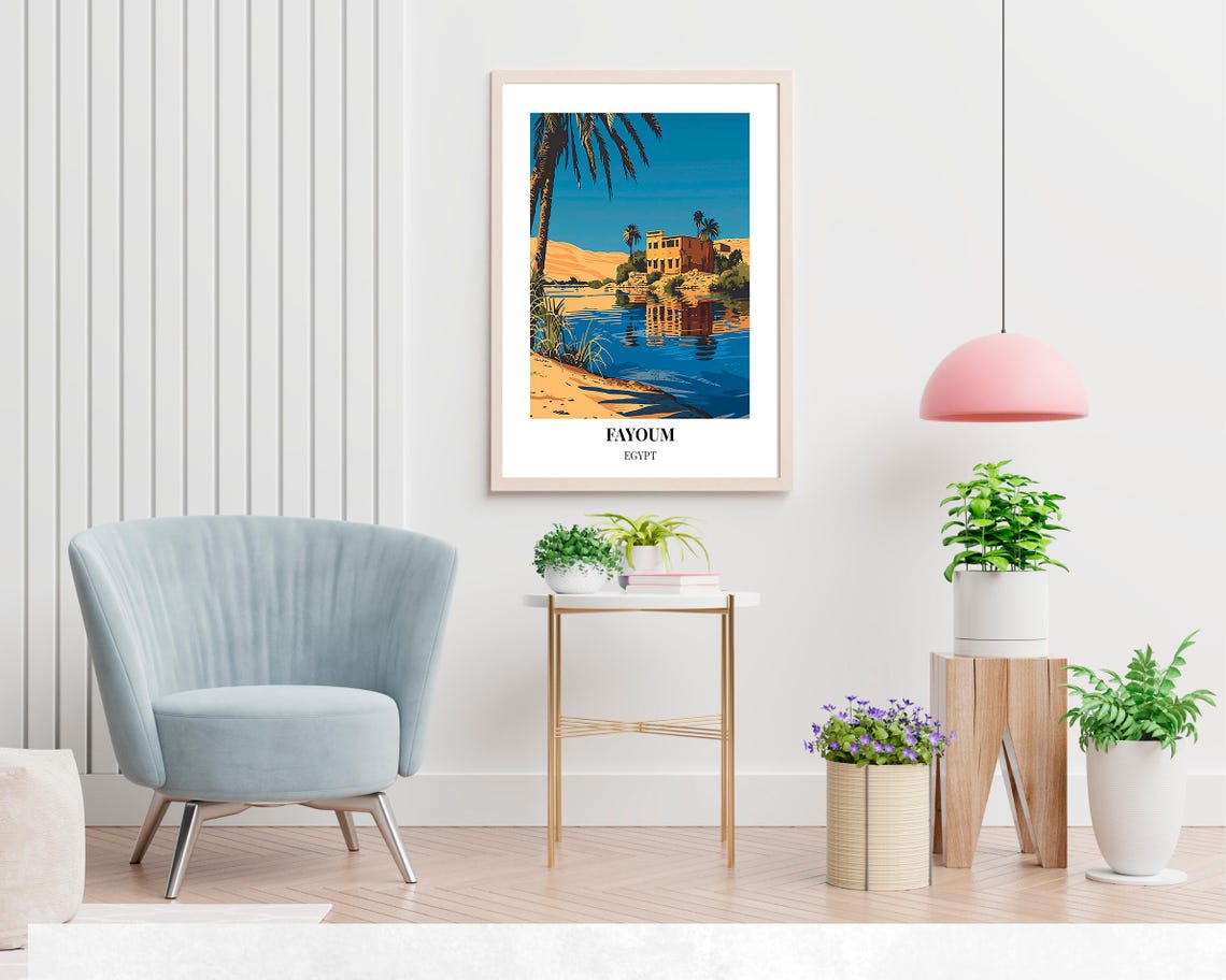 Fayoum Egypt Lakeside Stone Villa Desert Sunset Scene Travel Poster - Image 2