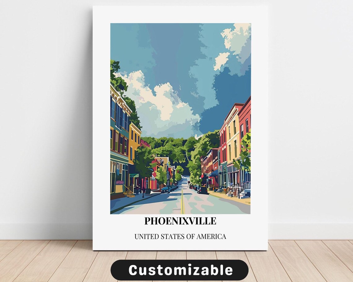 Sunny Phoenixville Main Street Colorful Small Town Travel Poster