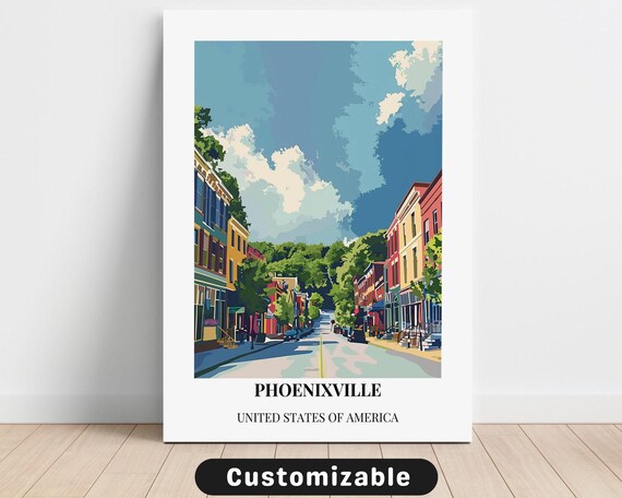 Sunny Phoenixville Main Street Colorful Small Town Travel Poster