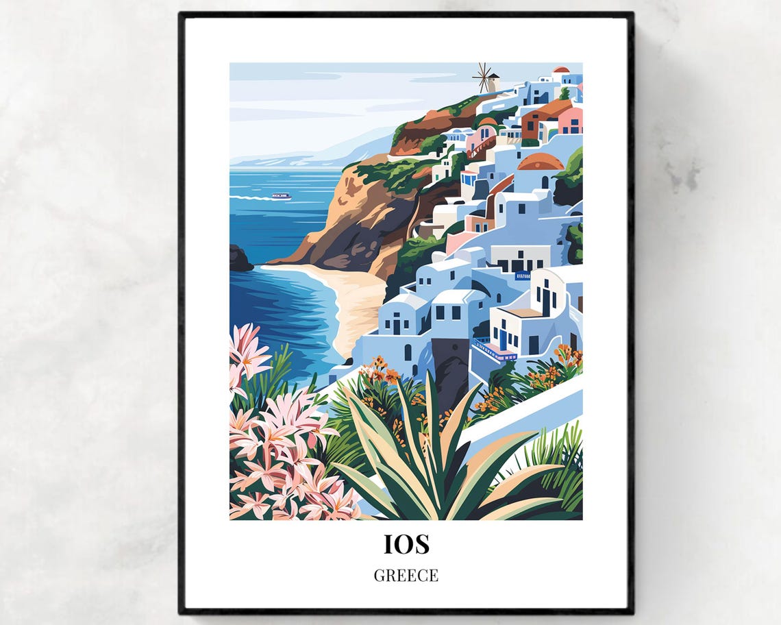 Ios Greece Cliffside Whitewashed Village with Windmill Travel Poster