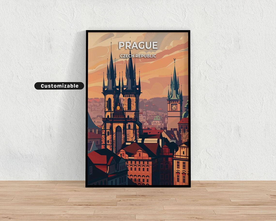 Prague Czech Republic Travel Poster Old Town Square Skyline Art