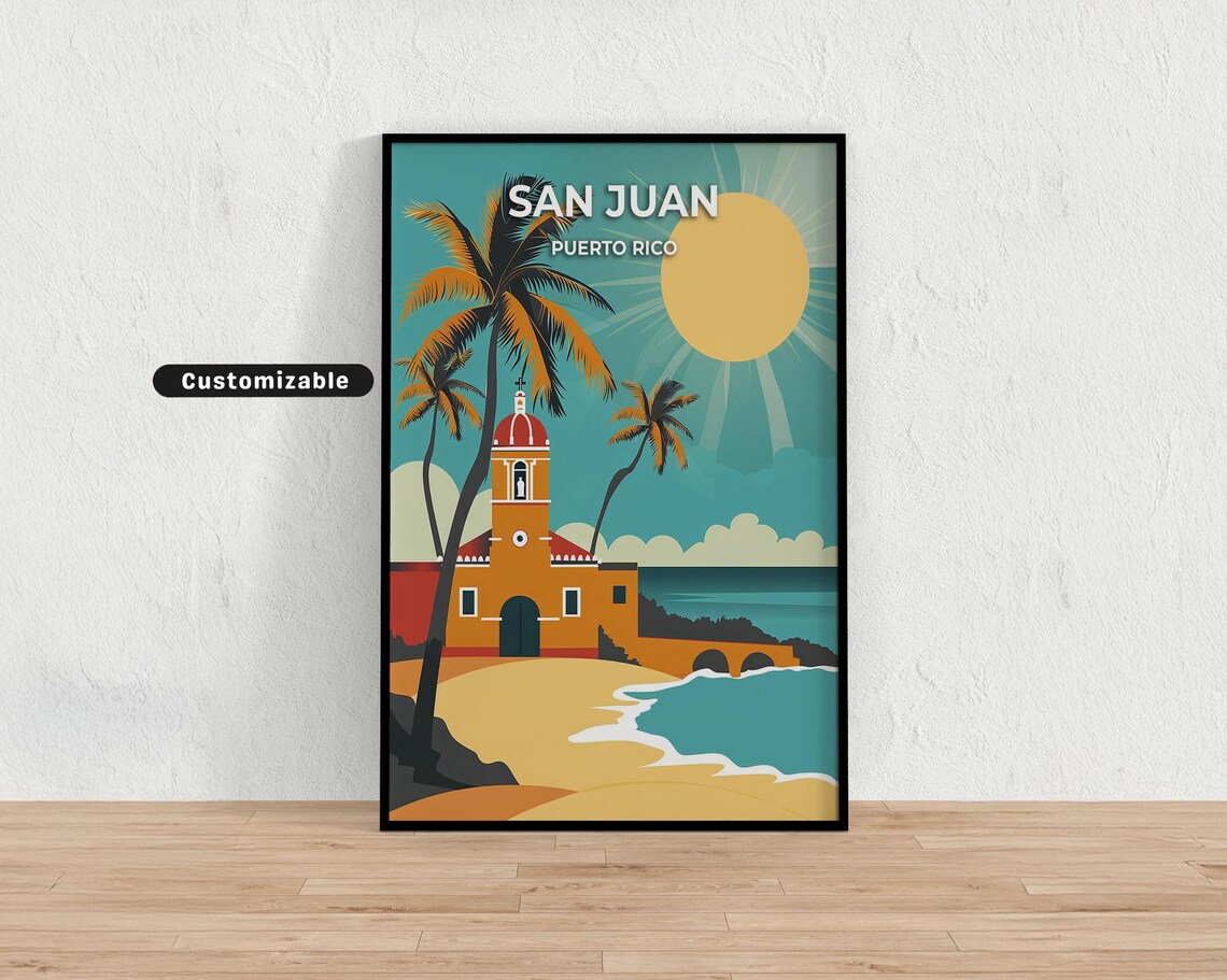 San Juan Puerto Rico Retro Beach Travel Poster Church Palm Decor