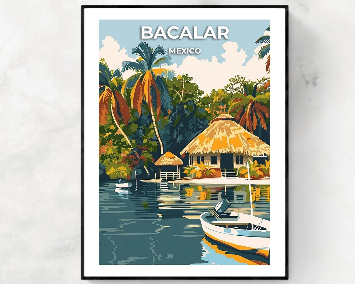 Bacalar Mexico Lagoon Palapa Hut and Fishing Boat Travel Poster