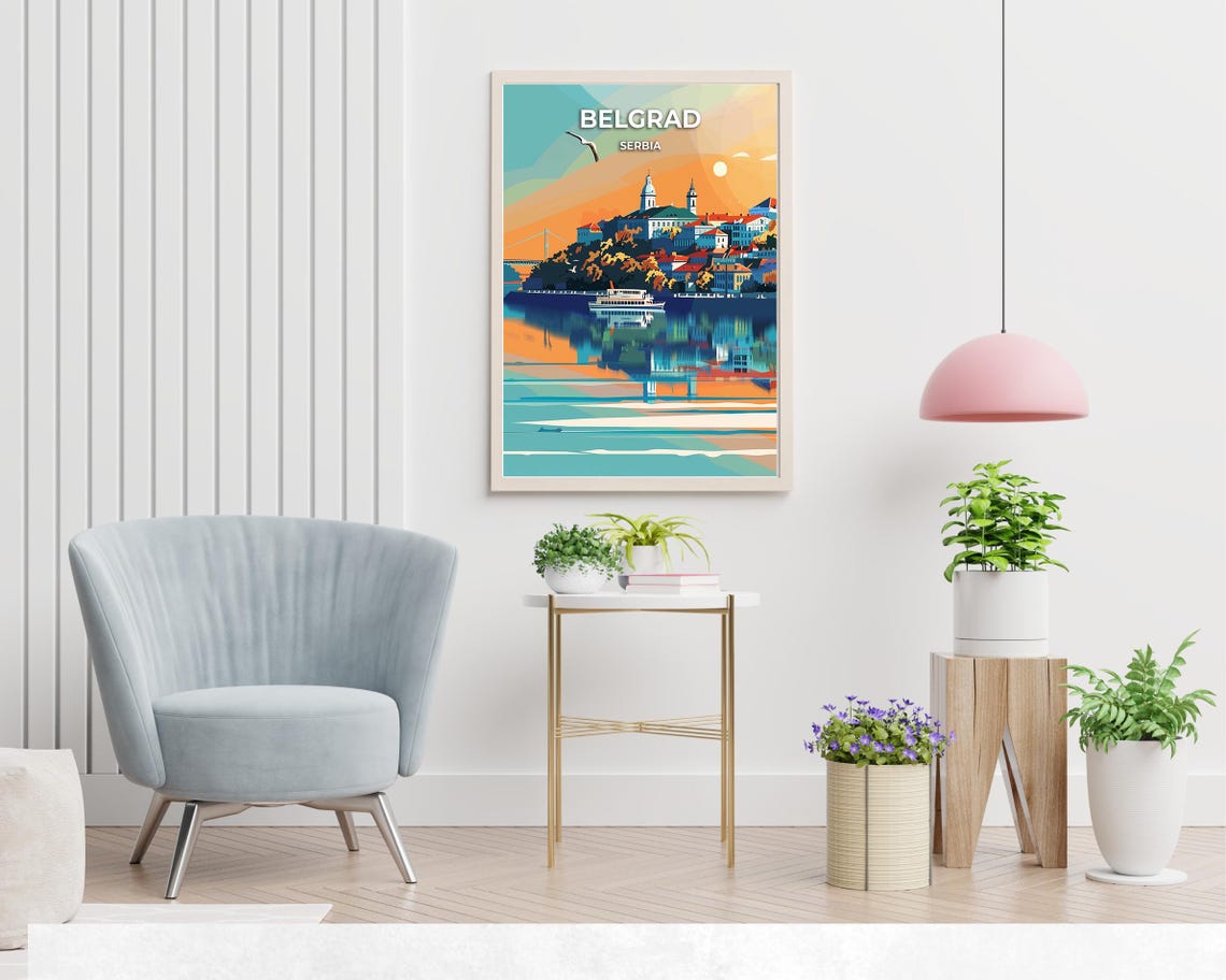 Belgrade Serbia River Sunset Skyline Golden Reflection Travel Poster - Image 2