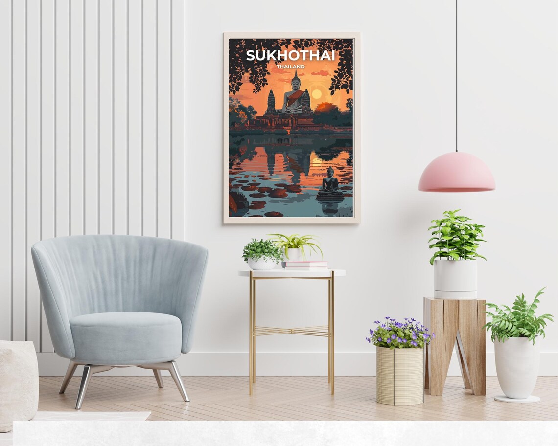 Sukhothai Thailand Sunset Buddha Temple Lotus Pond Travel Poster - Image 2