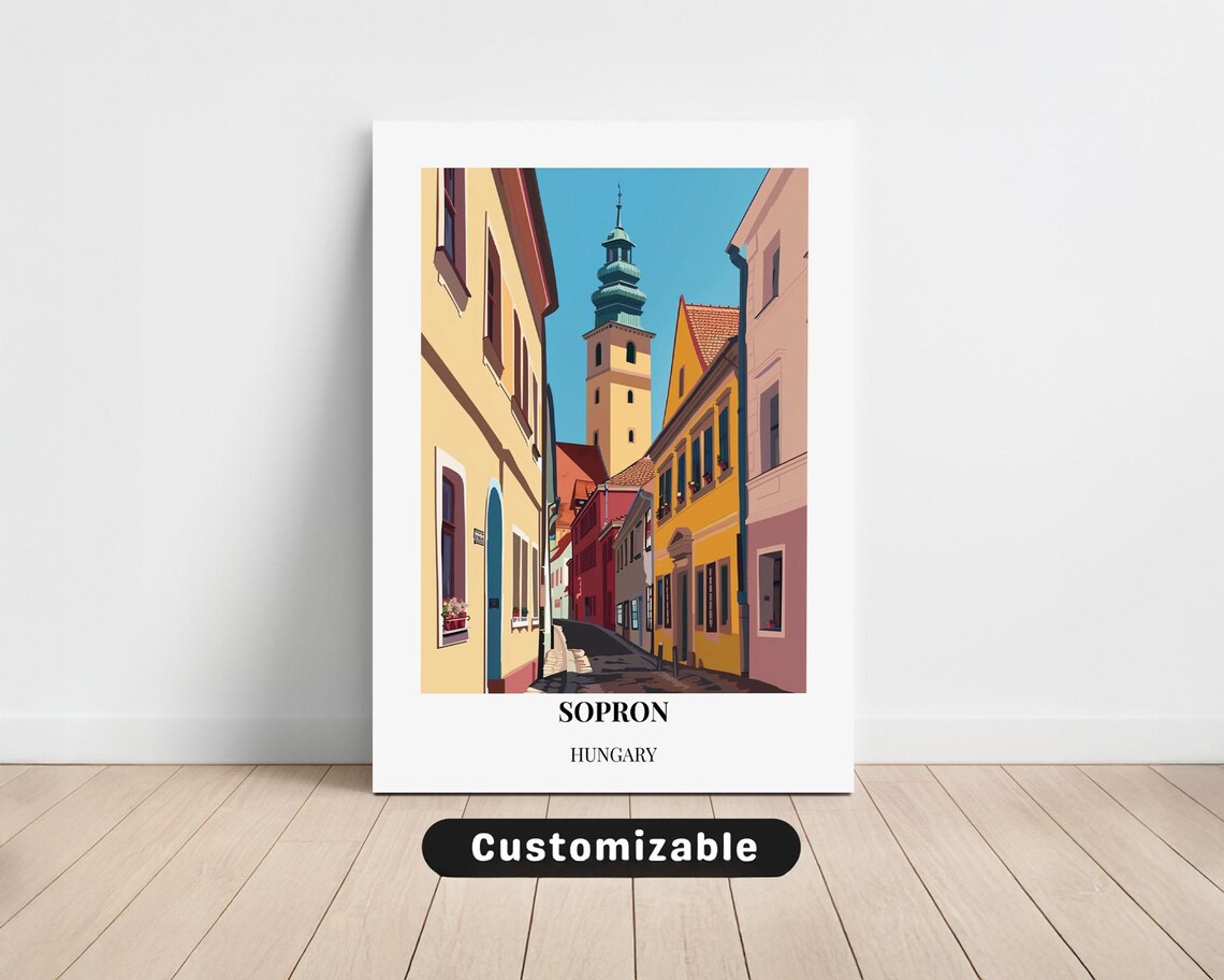 Sopron Hungary Travel Poster Colorful Old Town Street Scene Art