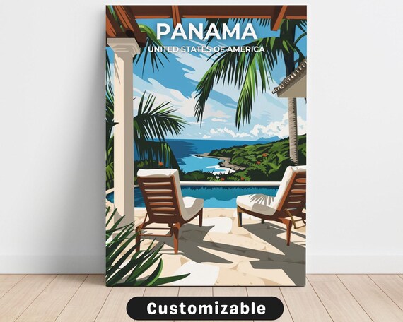 Panama Travel Poster with Terrace Lounge Chairs and Tropical Bay