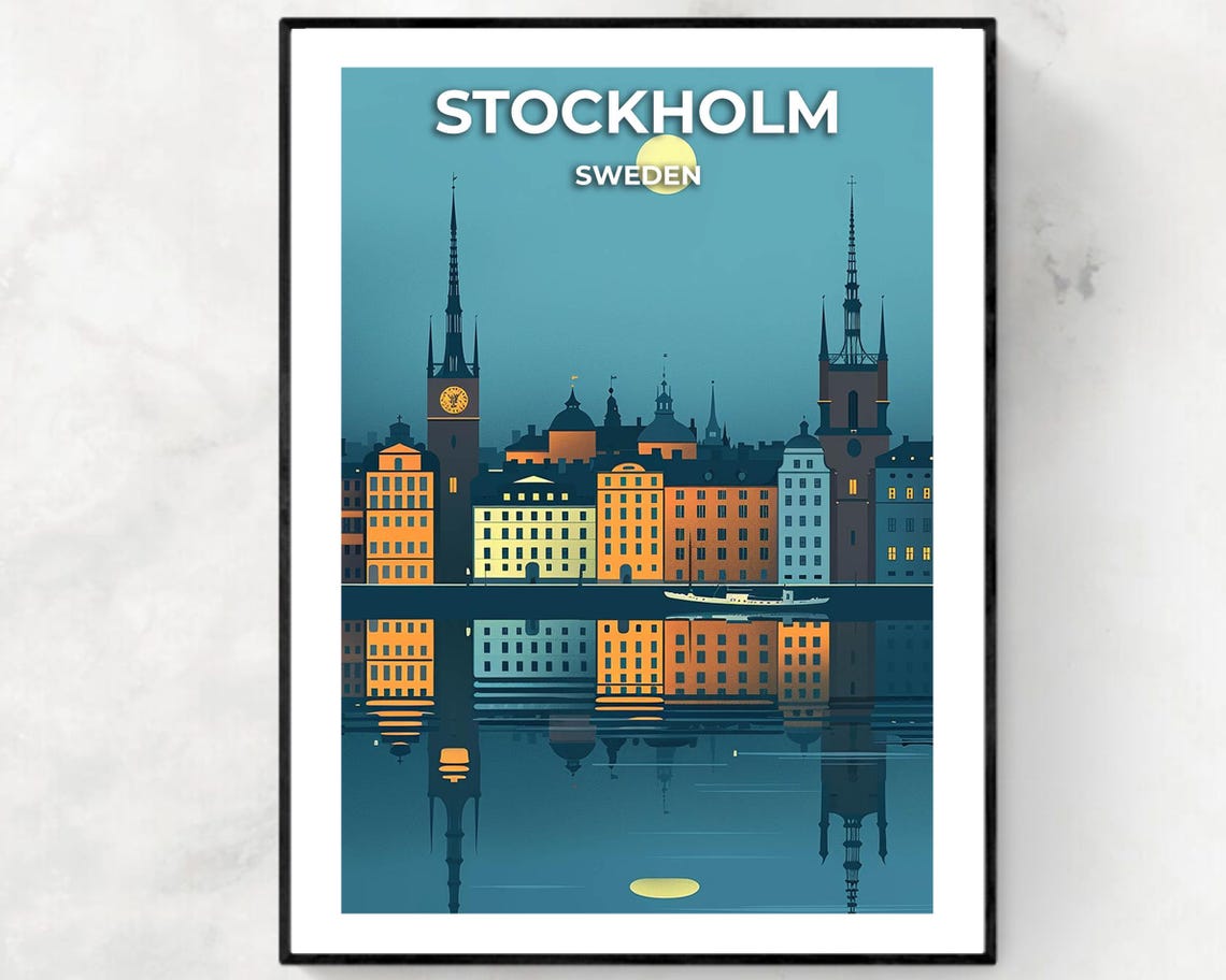 Stockholm Sweden Moonlit Gamla Stan Skyline Reflection Travel Poster